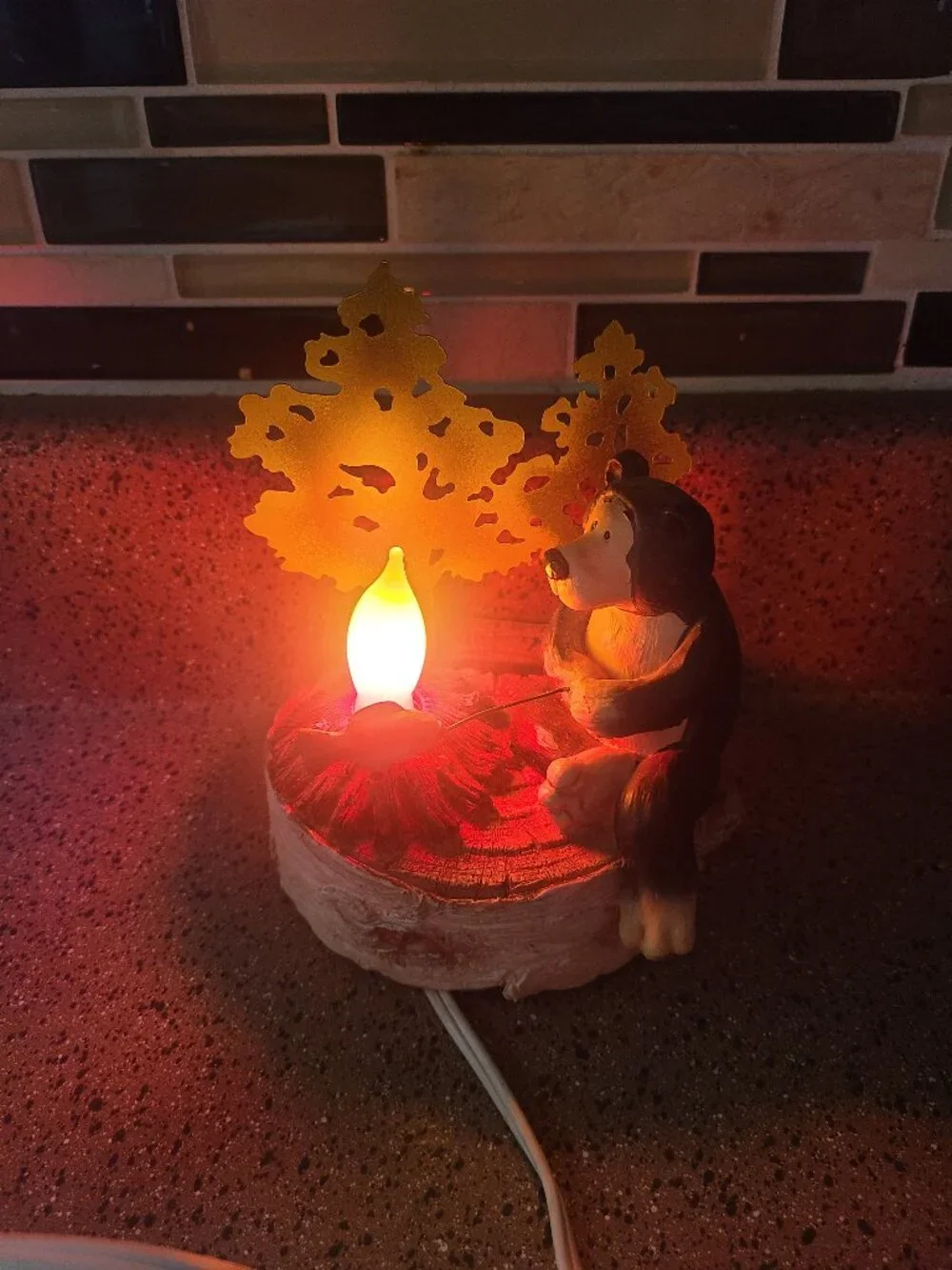 Bear Cooking A Fish Campfire Table Lamp Rustic Night Light Cabin Lodge Pines